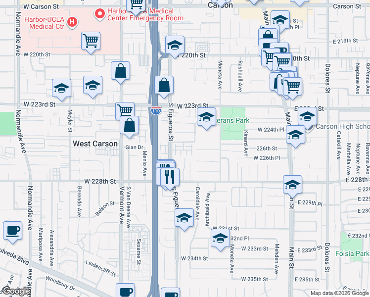 map of restaurants, bars, coffee shops, grocery stores, and more near 22564 Cordoba Court in Carson