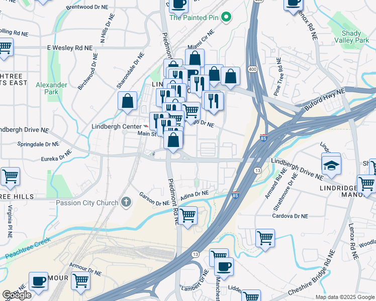map of restaurants, bars, coffee shops, grocery stores, and more near 658 Lindbergh Drive Northeast in Atlanta