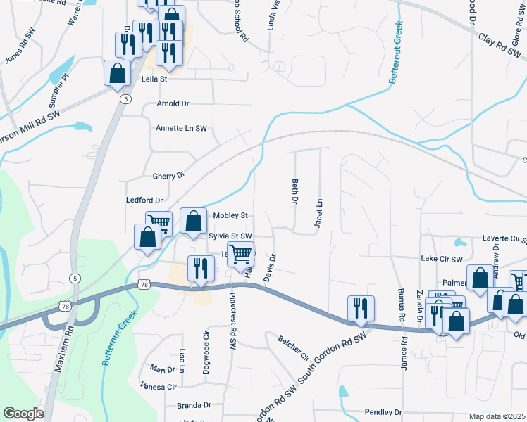 map of restaurants, bars, coffee shops, grocery stores, and more near 5466 Davis Drive in Austell