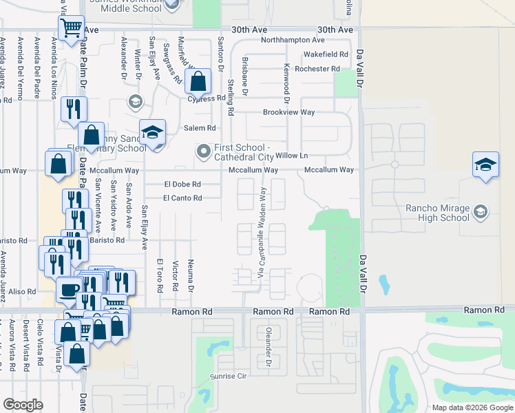 map of restaurants, bars, coffee shops, grocery stores, and more near 134 Via Palermo in Cathedral City