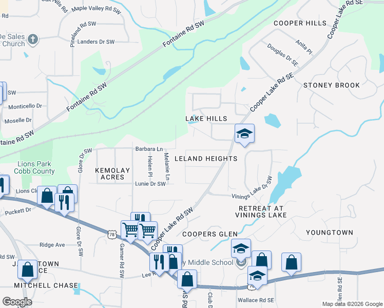 map of restaurants, bars, coffee shops, grocery stores, and more near 126 Strickland Drive Southwest in Mableton