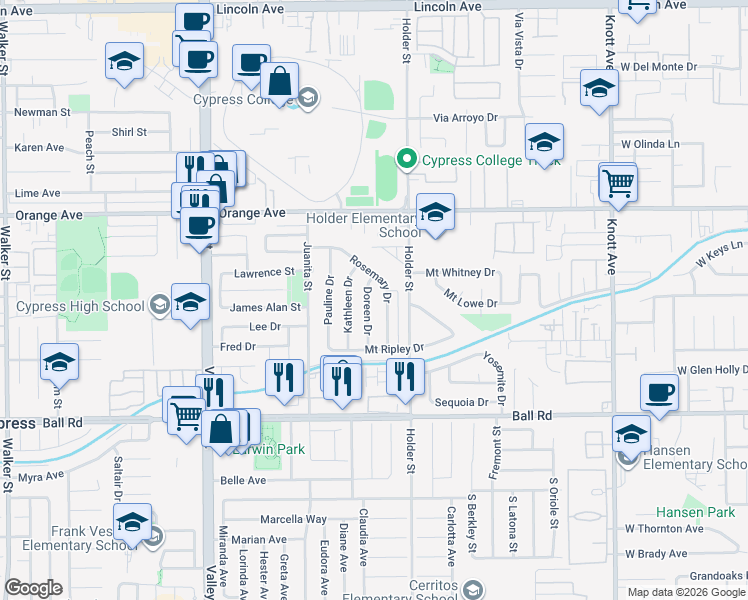map of restaurants, bars, coffee shops, grocery stores, and more near 9704 Doreen Drive in Cypress