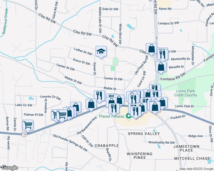 map of restaurants, bars, coffee shops, grocery stores, and more near 5412 Peak Street in Mableton