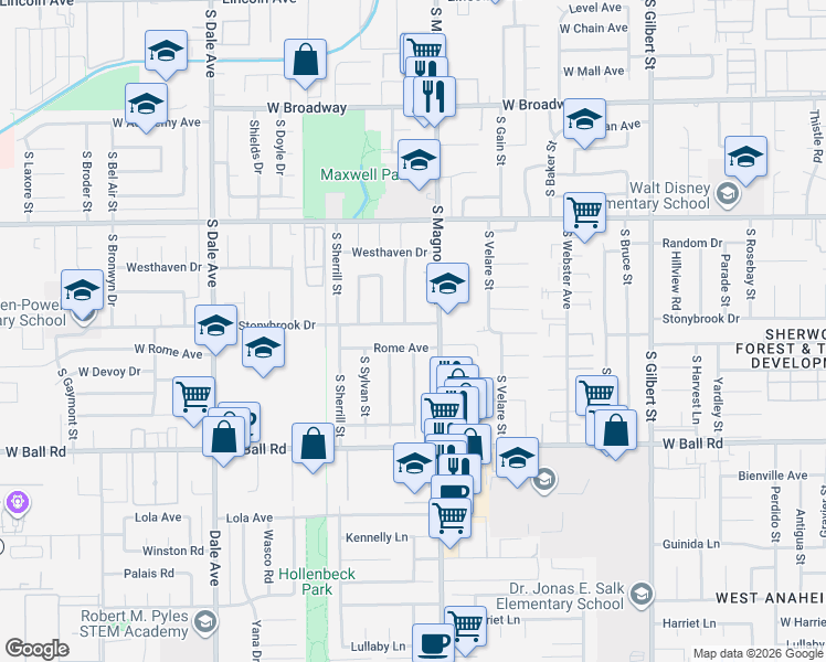 map of restaurants, bars, coffee shops, grocery stores, and more near 2607 West Stonybrook Drive in Anaheim