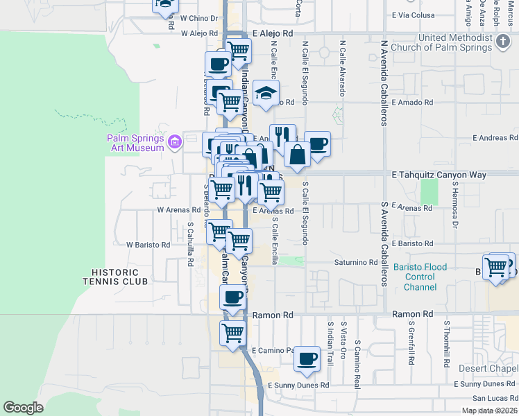 map of restaurants, bars, coffee shops, grocery stores, and more near 220 East Arenas Road in Palm Springs