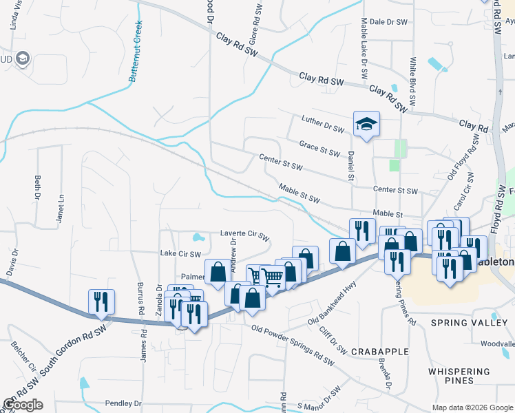 map of restaurants, bars, coffee shops, grocery stores, and more near 1259 Vonda Lane Southwest in Mableton