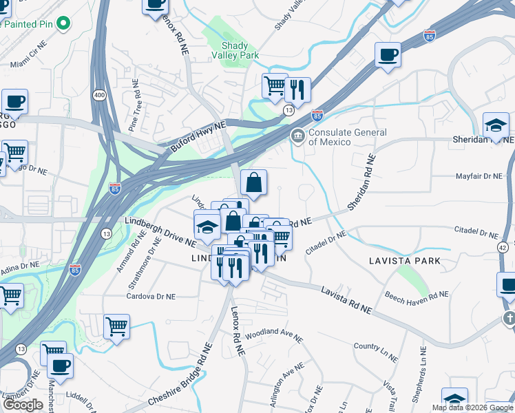 map of restaurants, bars, coffee shops, grocery stores, and more near 2489 Cheshire Bridge Road Northeast in Atlanta