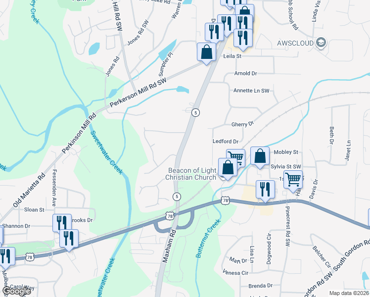 map of restaurants, bars, coffee shops, grocery stores, and more near 5451 Austell Road in Austell