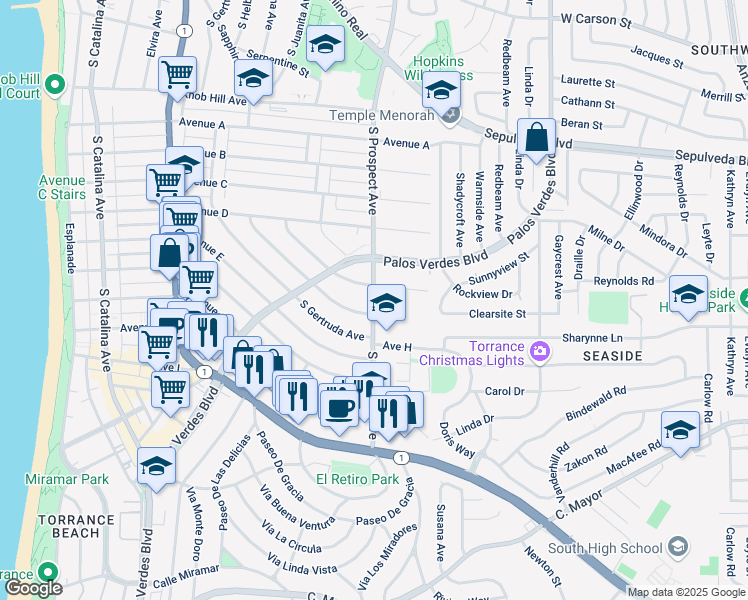 map of restaurants, bars, coffee shops, grocery stores, and more near 1520 South Prospect Avenue in Redondo Beach