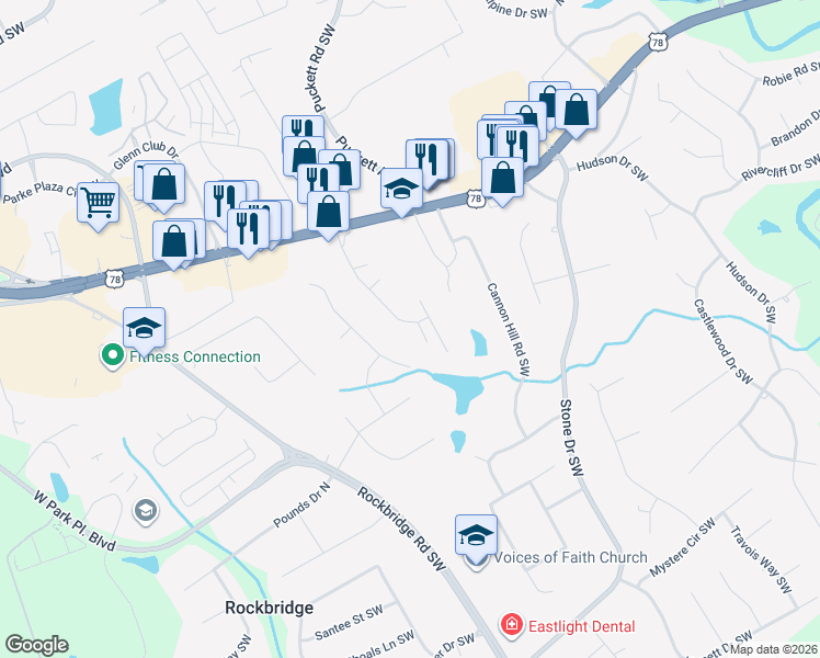 map of restaurants, bars, coffee shops, grocery stores, and more near 2213 Davis Road Southwest in Stone Mountain