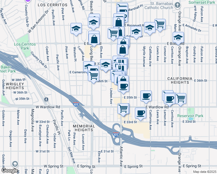 map of restaurants, bars, coffee shops, grocery stores, and more near 3565 Linden Avenue in Long Beach