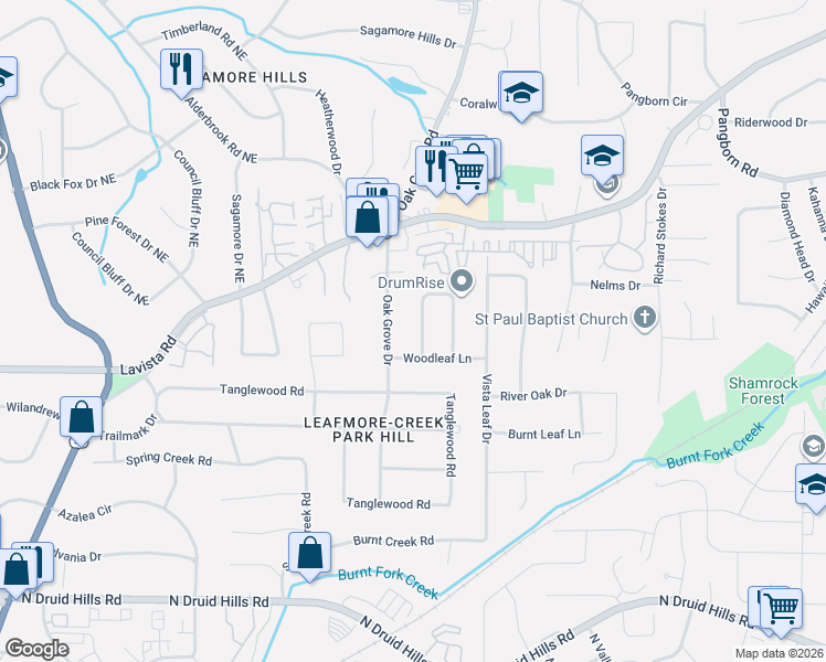 map of restaurants, bars, coffee shops, grocery stores, and more near 1400 Montevallo Circle in Decatur