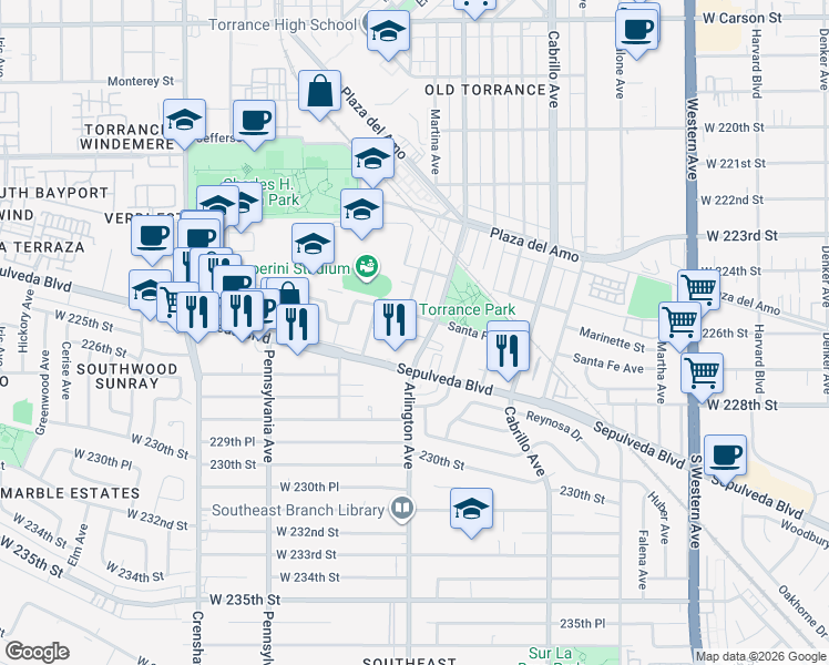 map of restaurants, bars, coffee shops, grocery stores, and more near 2717 Arlington Avenue in Torrance