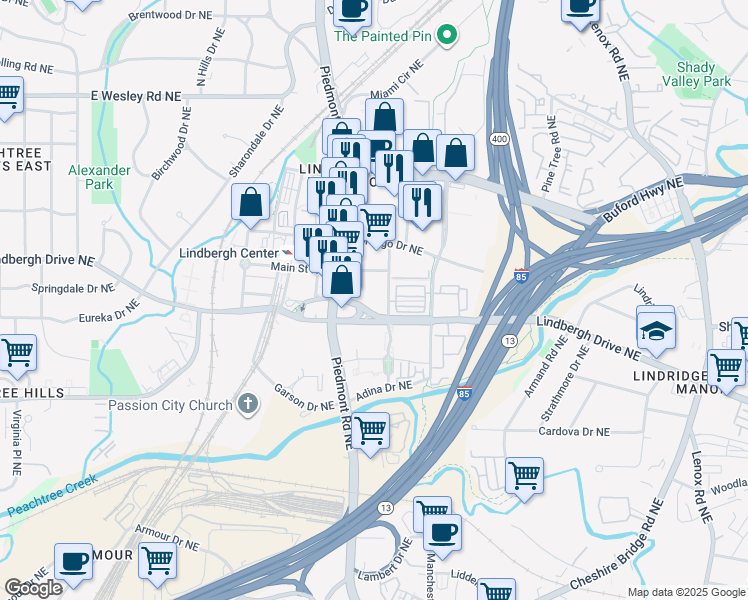 map of restaurants, bars, coffee shops, grocery stores, and more near 2480 Morosgo Place Northeast in Atlanta