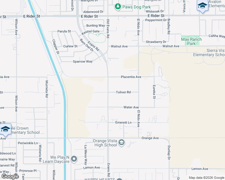 map of restaurants, bars, coffee shops, grocery stores, and more near 20620 Evans Road in Perris