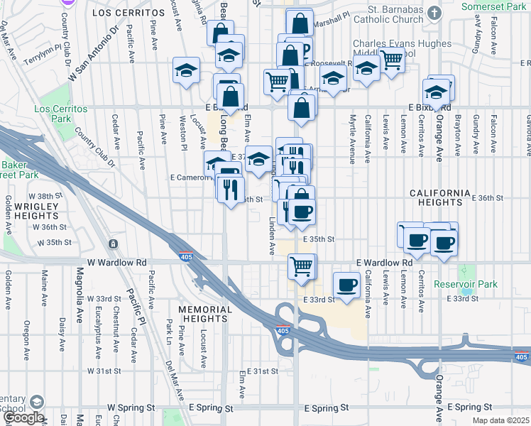 map of restaurants, bars, coffee shops, grocery stores, and more near 3565 Linden Avenue in Long Beach