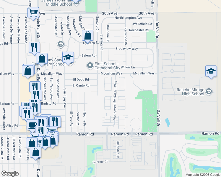 map of restaurants, bars, coffee shops, grocery stores, and more near 138 Via Palermo in Cathedral City