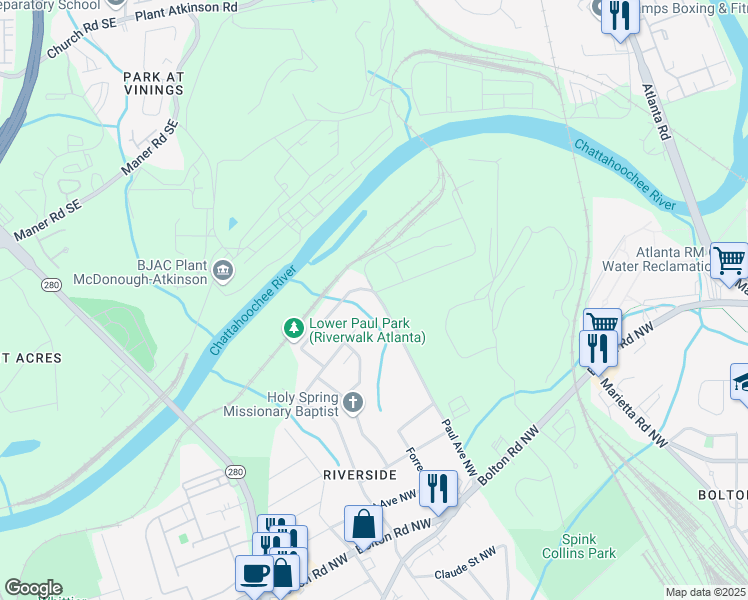 map of restaurants, bars, coffee shops, grocery stores, and more near 2531 Paul Avenue Northwest in Atlanta