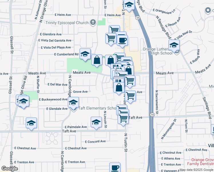 map of restaurants, bars, coffee shops, grocery stores, and more near 1450 East Del Mar Avenue in Orange