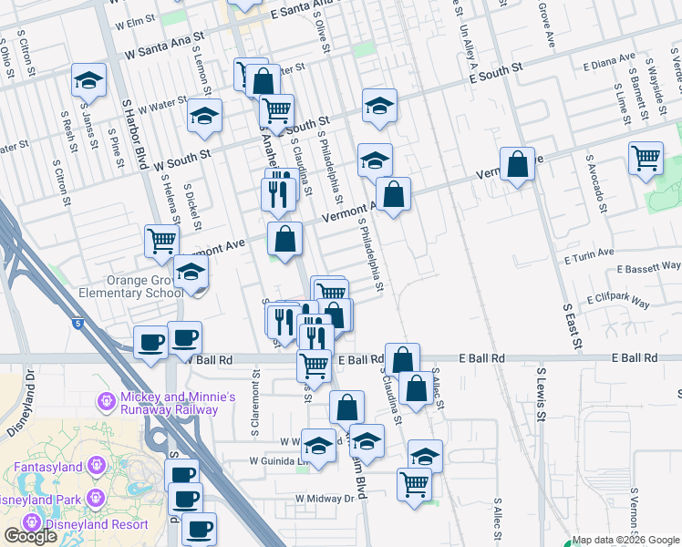 map of restaurants, bars, coffee shops, grocery stores, and more near 216 East Susanne Street in Anaheim