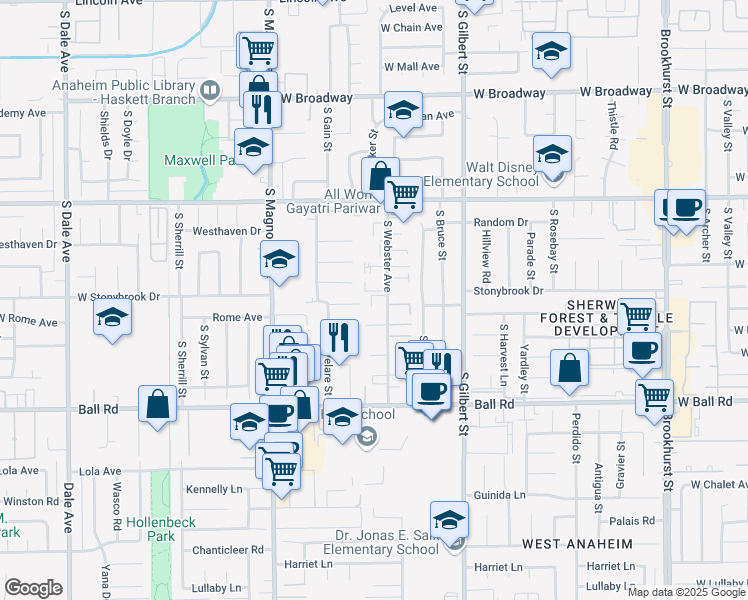 map of restaurants, bars, coffee shops, grocery stores, and more near 2501 West Lorena Drive in Anaheim