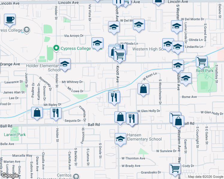 map of restaurants, bars, coffee shops, grocery stores, and more near in Buena Park