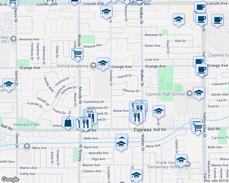 map of restaurants, bars, coffee shops, grocery stores, and more near 5246 Halifax Drive in Cypress