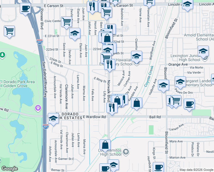 map of restaurants, bars, coffee shops, grocery stores, and more near 8065 East Ring Street in Long Beach