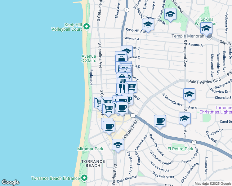 map of restaurants, bars, coffee shops, grocery stores, and more near 228 Avenue F in Redondo Beach