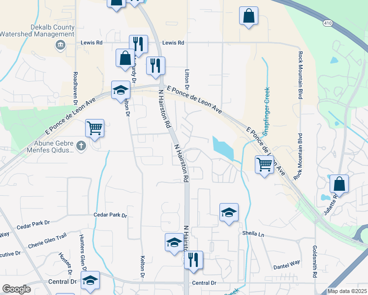map of restaurants, bars, coffee shops, grocery stores, and more near 1306 Summit Lake Drive in Stone Mountain