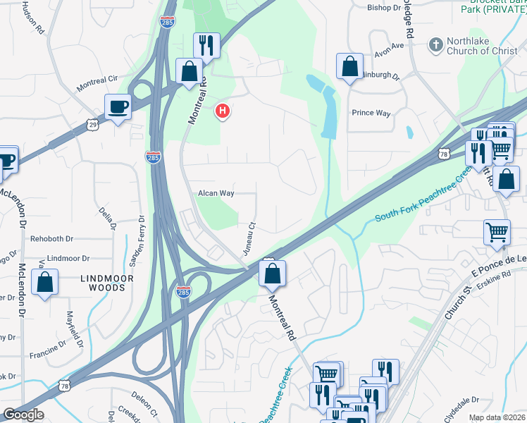 map of restaurants, bars, coffee shops, grocery stores, and more near 1389 Juneau Court in Tucker