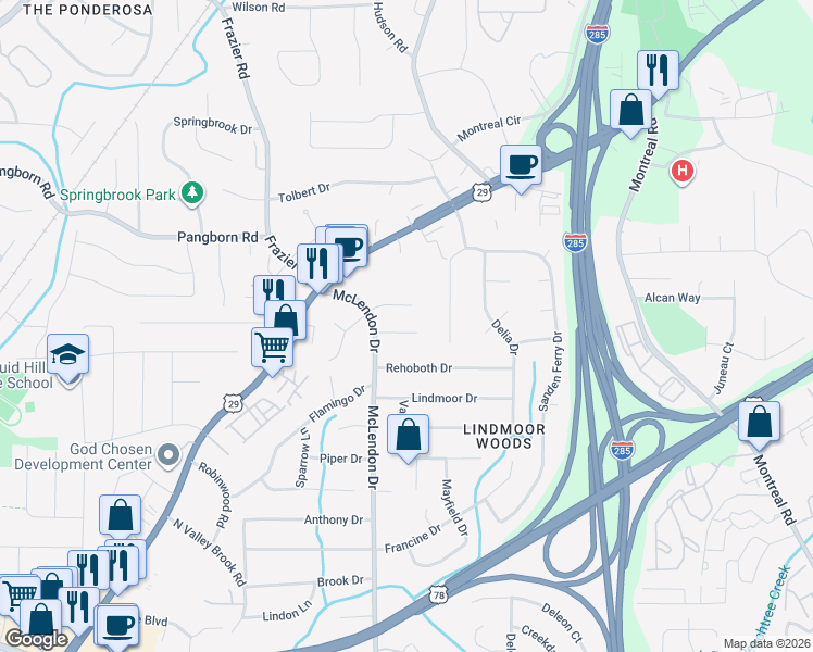 map of restaurants, bars, coffee shops, grocery stores, and more near 3170 Gablewood Court in Decatur