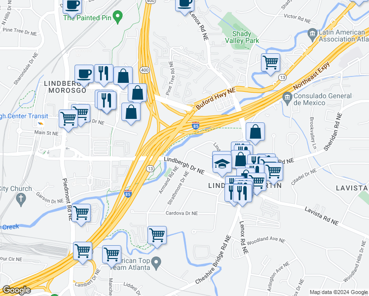 map of restaurants, bars, coffee shops, grocery stores, and more near 970 Lindridge Drive Northeast in Atlanta