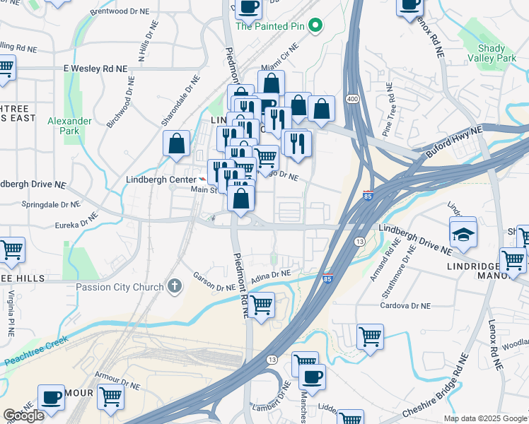 map of restaurants, bars, coffee shops, grocery stores, and more near 2480 Morosgo Place Northeast in Atlanta