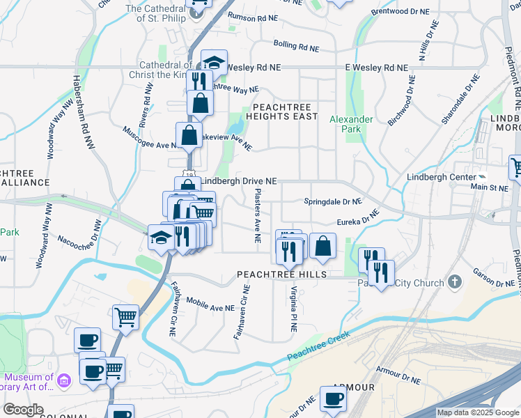 map of restaurants, bars, coffee shops, grocery stores, and more near 132 East Drive Northeast in Atlanta