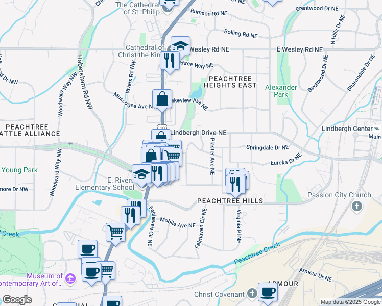 map of restaurants, bars, coffee shops, grocery stores, and more near 101 Terrace Drive Northeast in Atlanta