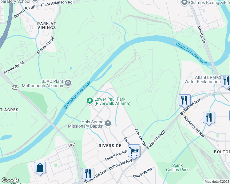 map of restaurants, bars, coffee shops, grocery stores, and more near 2531 Paul Avenue Northwest in Atlanta