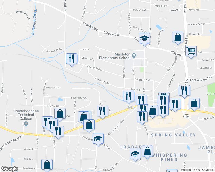 map of restaurants, bars, coffee shops, grocery stores, and more near 1150 Mable Street Southwest in Mableton