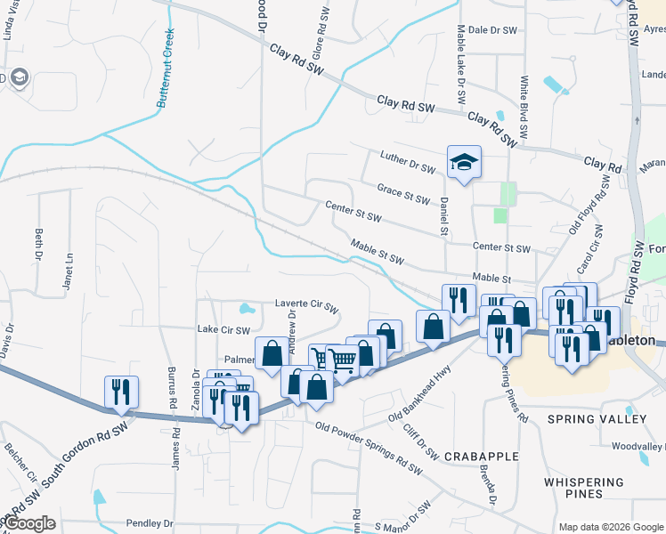 map of restaurants, bars, coffee shops, grocery stores, and more near 1239 Vonda Lane Southwest in Mableton