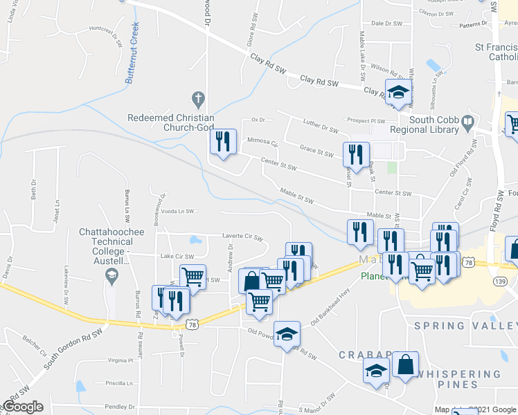 map of restaurants, bars, coffee shops, grocery stores, and more near 1269 Vonda Lane Southwest in Mableton