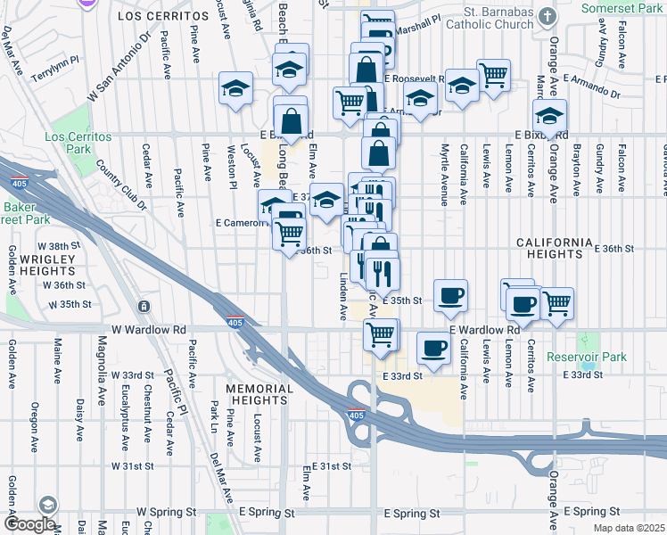 map of restaurants, bars, coffee shops, grocery stores, and more near 3565 Linden Avenue in Long Beach
