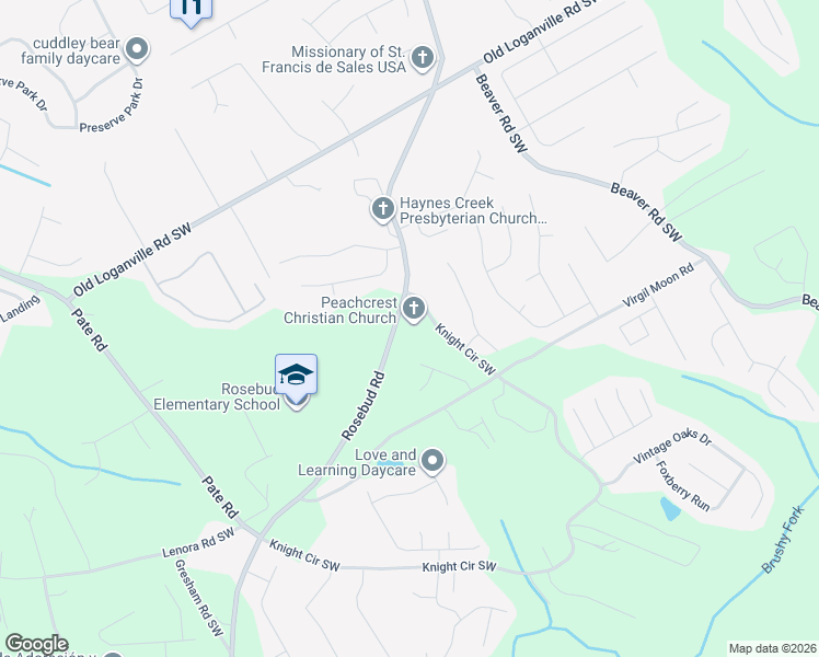 map of restaurants, bars, coffee shops, grocery stores, and more near 4051-4167 Rosebud Road in Loganville
