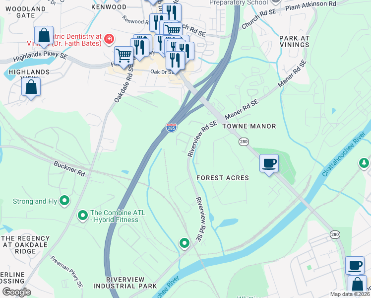 map of restaurants, bars, coffee shops, grocery stores, and more near 5315 Concordia Place in Mableton