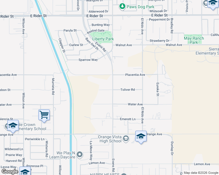 map of restaurants, bars, coffee shops, grocery stores, and more near 20571 Evans Road in Perris