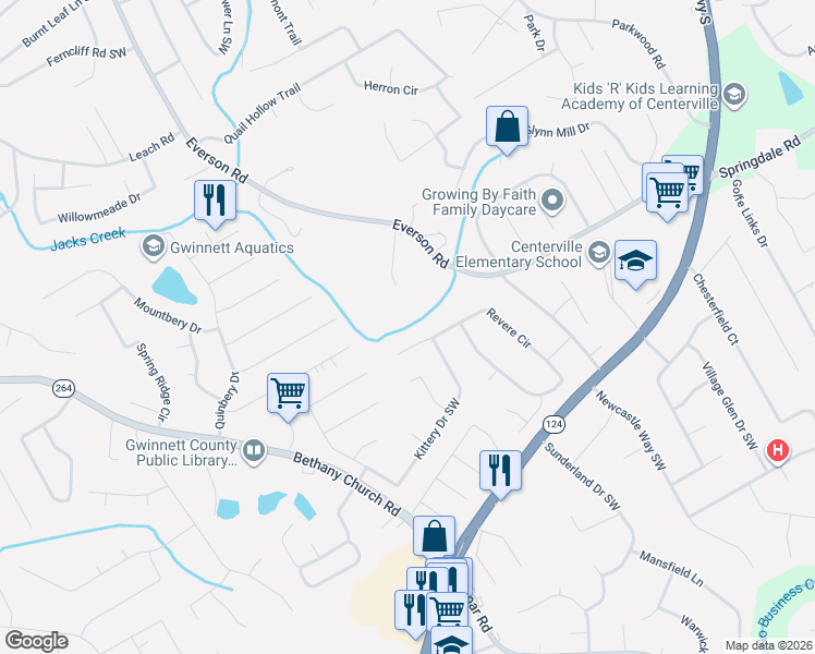 map of restaurants, bars, coffee shops, grocery stores, and more near 3608 Everson Road in Snellville