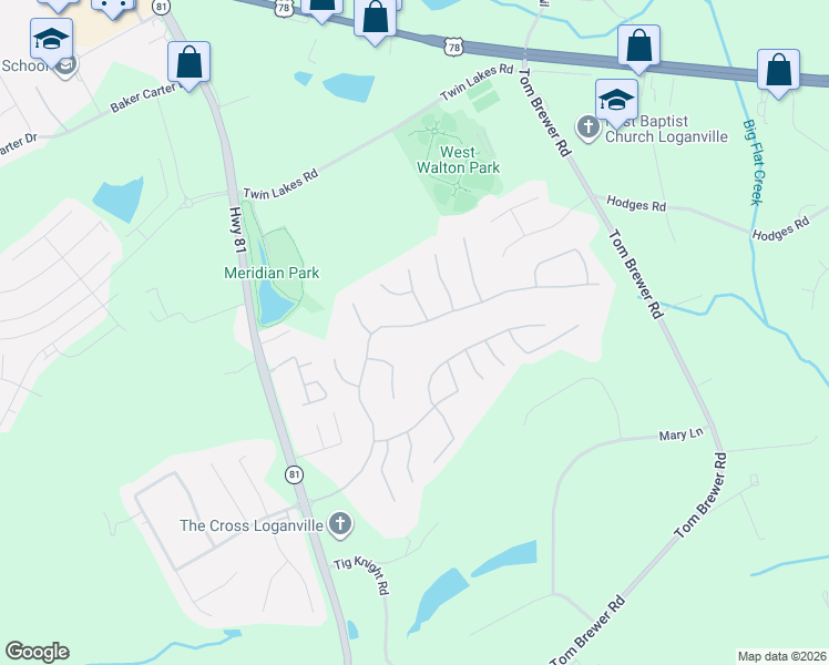 map of restaurants, bars, coffee shops, grocery stores, and more near 143 Tara Boulevard in Loganville