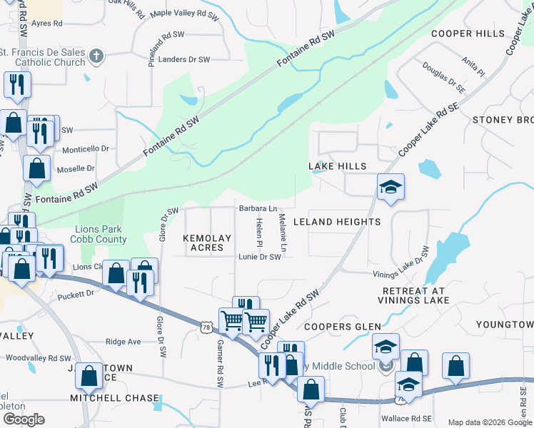 map of restaurants, bars, coffee shops, grocery stores, and more near 234 Barbara Lane in Mableton