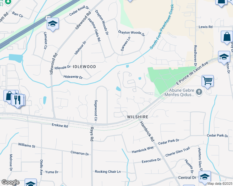 map of restaurants, bars, coffee shops, grocery stores, and more near 4008 Orchard Hill Terrace in Stone Mountain