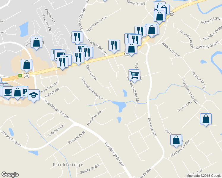 map of restaurants, bars, coffee shops, grocery stores, and more near 2201 Davis Oaks Court in Stone Mountain
