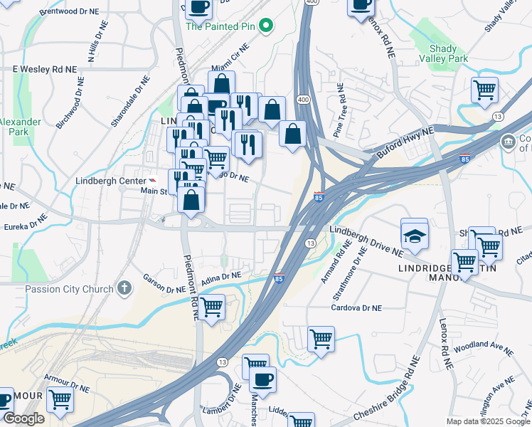 map of restaurants, bars, coffee shops, grocery stores, and more near 711 Cosmopolitan Drive Northeast in Atlanta